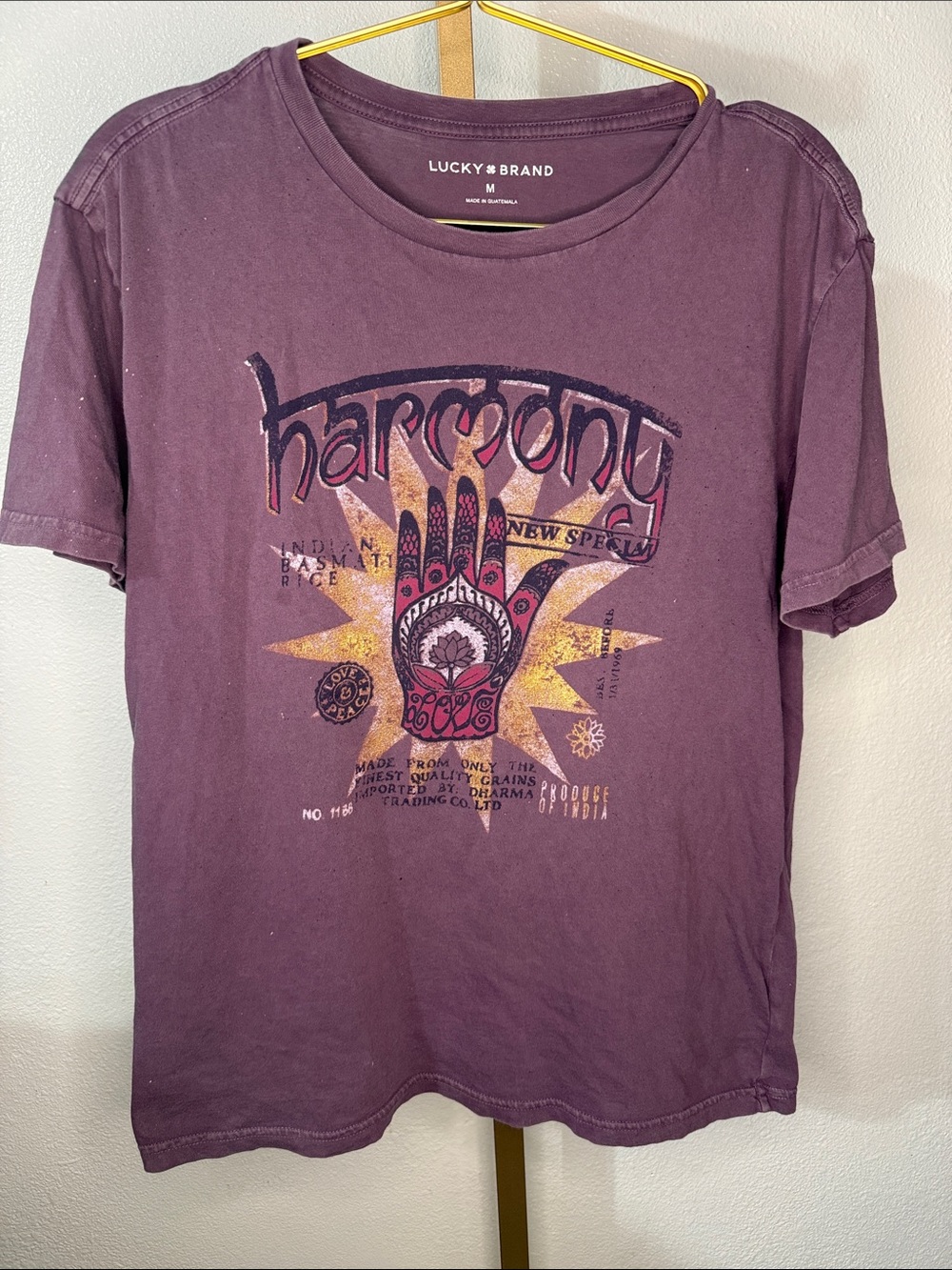 Lucky Brand Plum ‘harmony’Graphic Tee with Yellow Accent- worn in feel- Medium